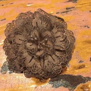 Sterling filigree flower brooch